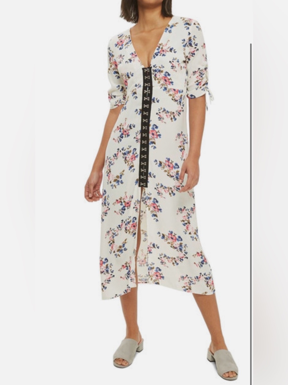 Topshop Cream Midi Dress with Pink & Blue Floral Print SZ 10 NWT rare find
